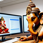 **Prompt:** A focused web developer coding with React.js, multiple monitors displaying complex code, modern office setting, bright and motivated, incorporating elements of Hindi culture subtly (e.g., a small Ganesha statue on the desk).