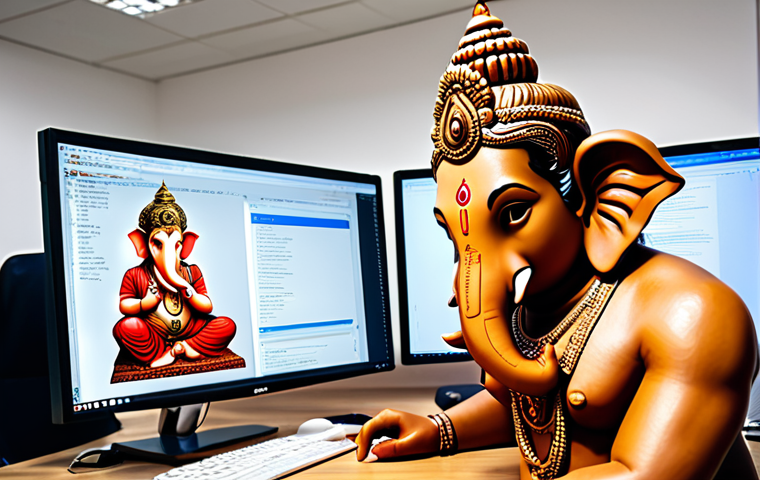 **Prompt:** A focused web developer coding with React.js, multiple monitors displaying complex code, modern office setting, bright and motivated, incorporating elements of Hindi culture subtly (e.g., a small Ganesha statue on the desk).