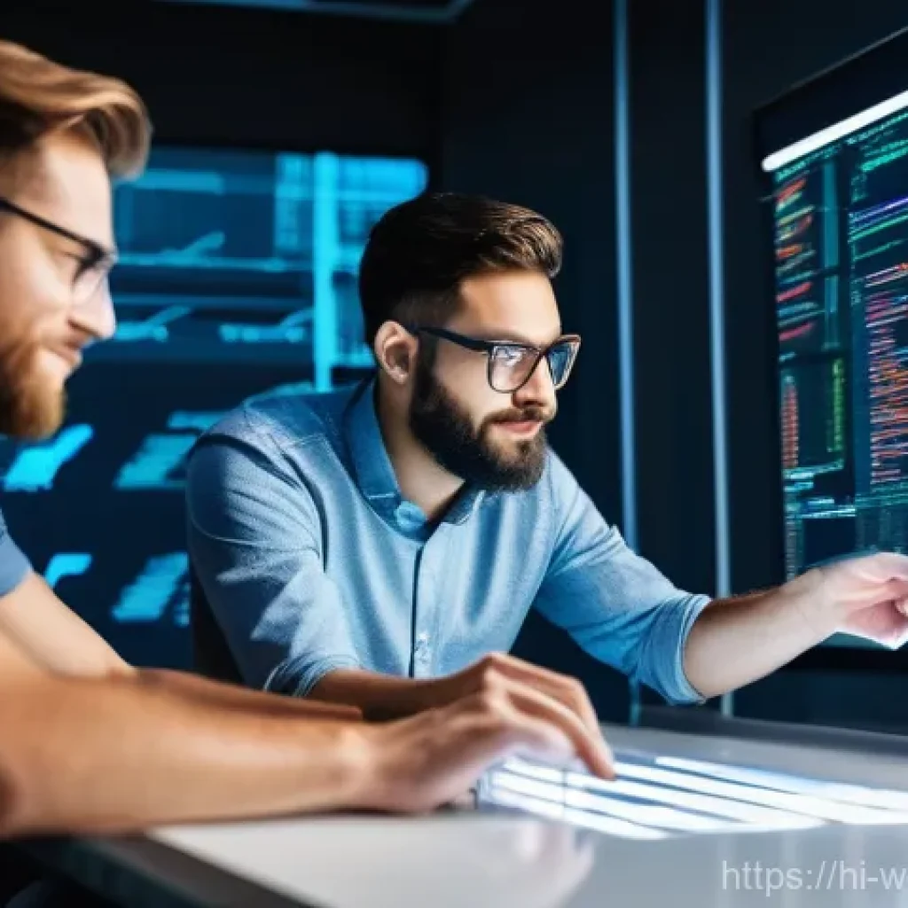 웹개발자 기술 스택 확장 - **Prompt:** A diverse group of professional web developers, male and female, in a brightly lit, mode...