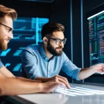 웹개발자 기술 스택 확장 - **Prompt:** A diverse group of professional web developers, male and female, in a brightly lit, mode...