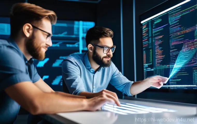 웹개발자 기술 스택 확장 - **Prompt:** A diverse group of professional web developers, male and female, in a brightly lit, mode...