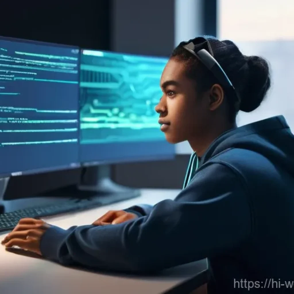 웹개발자 효율적인 개발 도구 - **Prompt:** A vibrant, futuristic image of a young programmer, approximately 20s, with a focused yet...