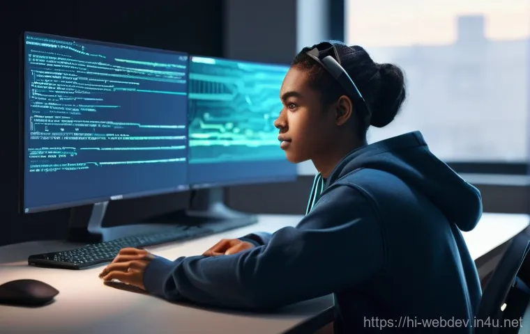 웹개발자 효율적인 개발 도구 - **Prompt:** A vibrant, futuristic image of a young programmer, approximately 20s, with a focused yet...