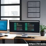 웹개발자 코드 작성 습관 - A detailed, vibrant illustration of a modern web development workspace focused on clean, well-indent...