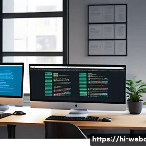 웹개발자 코드 작성 습관 - A detailed, vibrant illustration of a modern web development workspace focused on clean, well-indent...