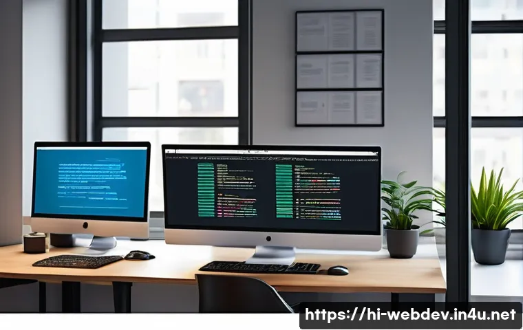 웹개발자 코드 작성 습관 - A detailed, vibrant illustration of a modern web development workspace focused on clean, well-indent...