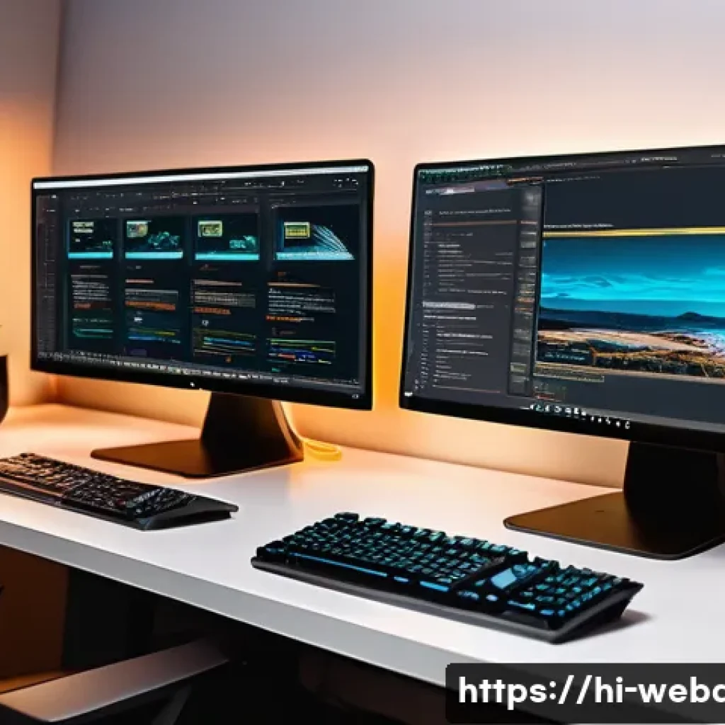 웹개발자 프론트엔드 기술 - A modern web developer workspace featuring multiple monitors displaying JavaScript code and React co...