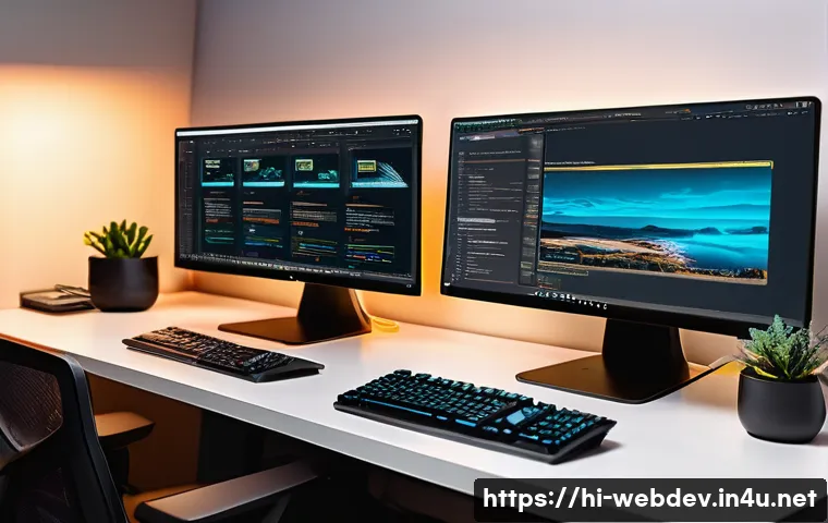 웹개발자 프론트엔드 기술 - A modern web developer workspace featuring multiple monitors displaying JavaScript code and React co...