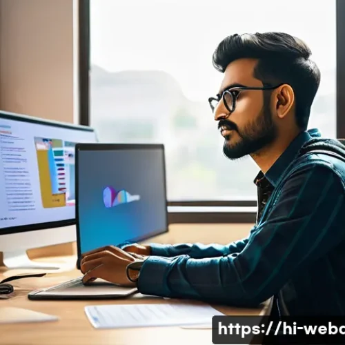 웹개발자 이직 준비 - A vibrant, modern workspace showing a young Indian web developer working on a laptop with visible HT...