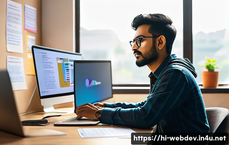 웹개발자 이직 준비 - A vibrant, modern workspace showing a young Indian web developer working on a laptop with visible HT...