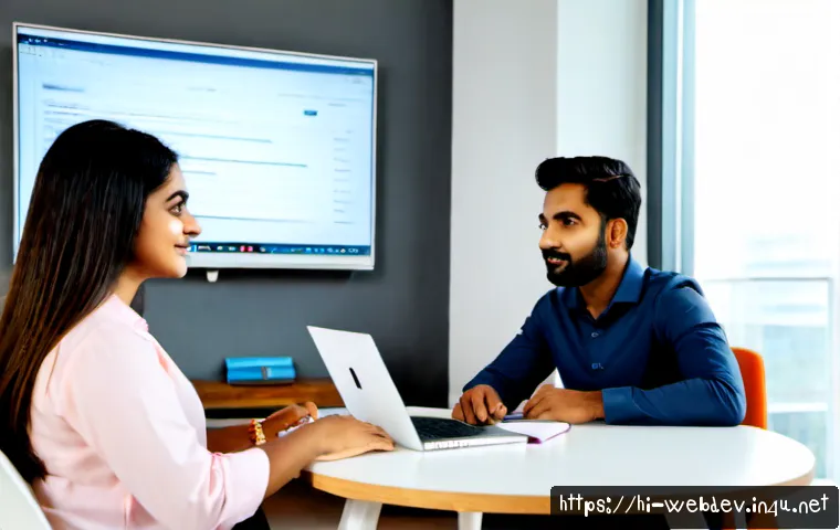 웹개발자 고용 시장 전망 - Photorealistic modern hiring interview for a web developer, confident Indian professional seated acr...