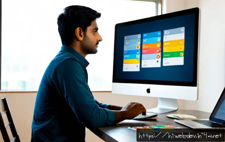 웹개발자 디자인 시스템 활용 - Photorealistic Indian web developer at a clean modern desk, comparing a laptop interface with a neat...