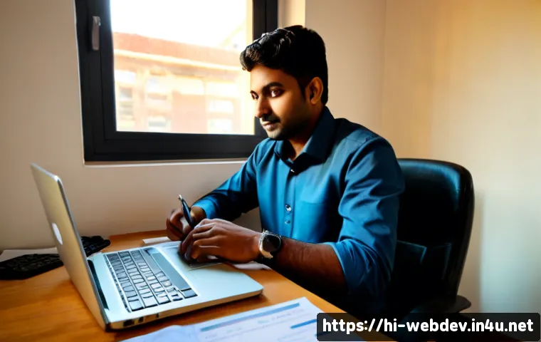 웹개발자 프리랜서 수입 - Photorealistic Indian freelance web developer working at a clean home office desk, laptop displaying...
