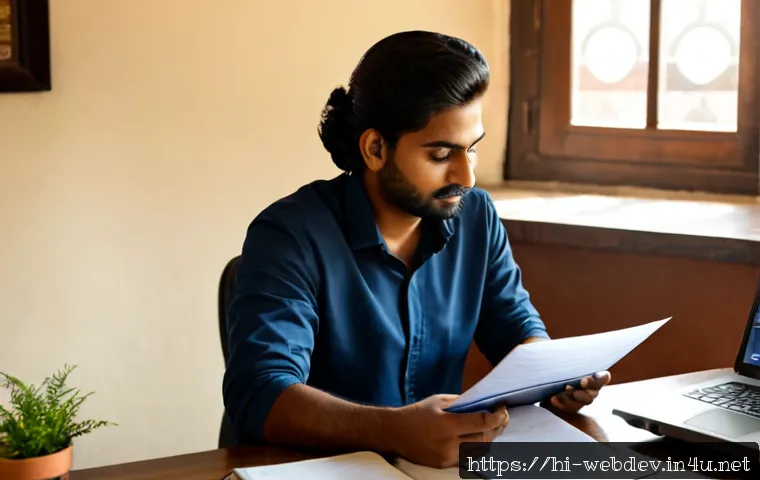 웹개발자 프리랜서 업무일지 - Photorealistic Indian freelance web developer in a tidy home office, reviewing a handwritten daily w...