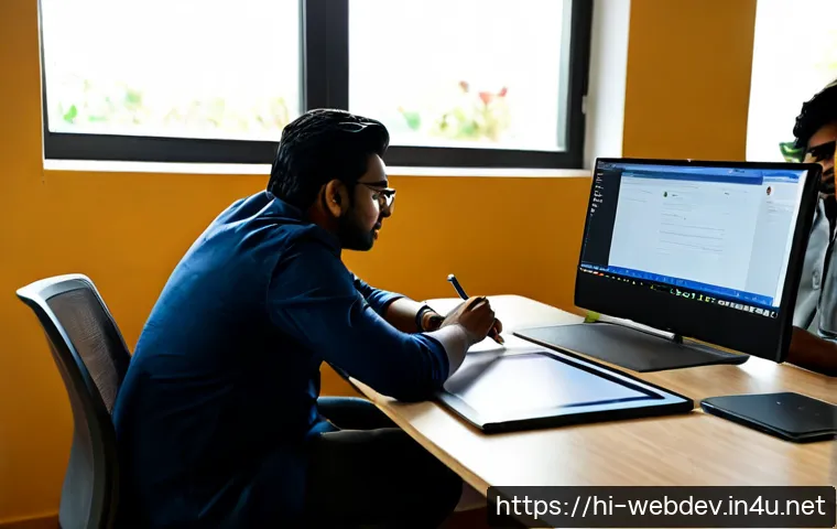 Home 17 웹개발자 팀워크 기술 - Photorealistic modern web development team collaborating around a large desk, diverse Indian profess...